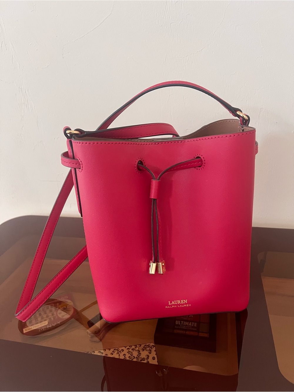 Lauren Ralph Lauren Hot Pink Leather Drawstring Bucket Bag
